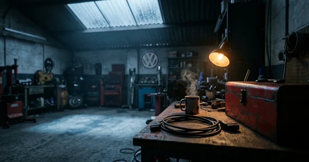 Dimly lit car workshop with a diagnostic cable, toolbox and glowing laptop screen
