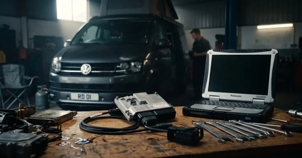 VW Ecu and Cables on Workbench